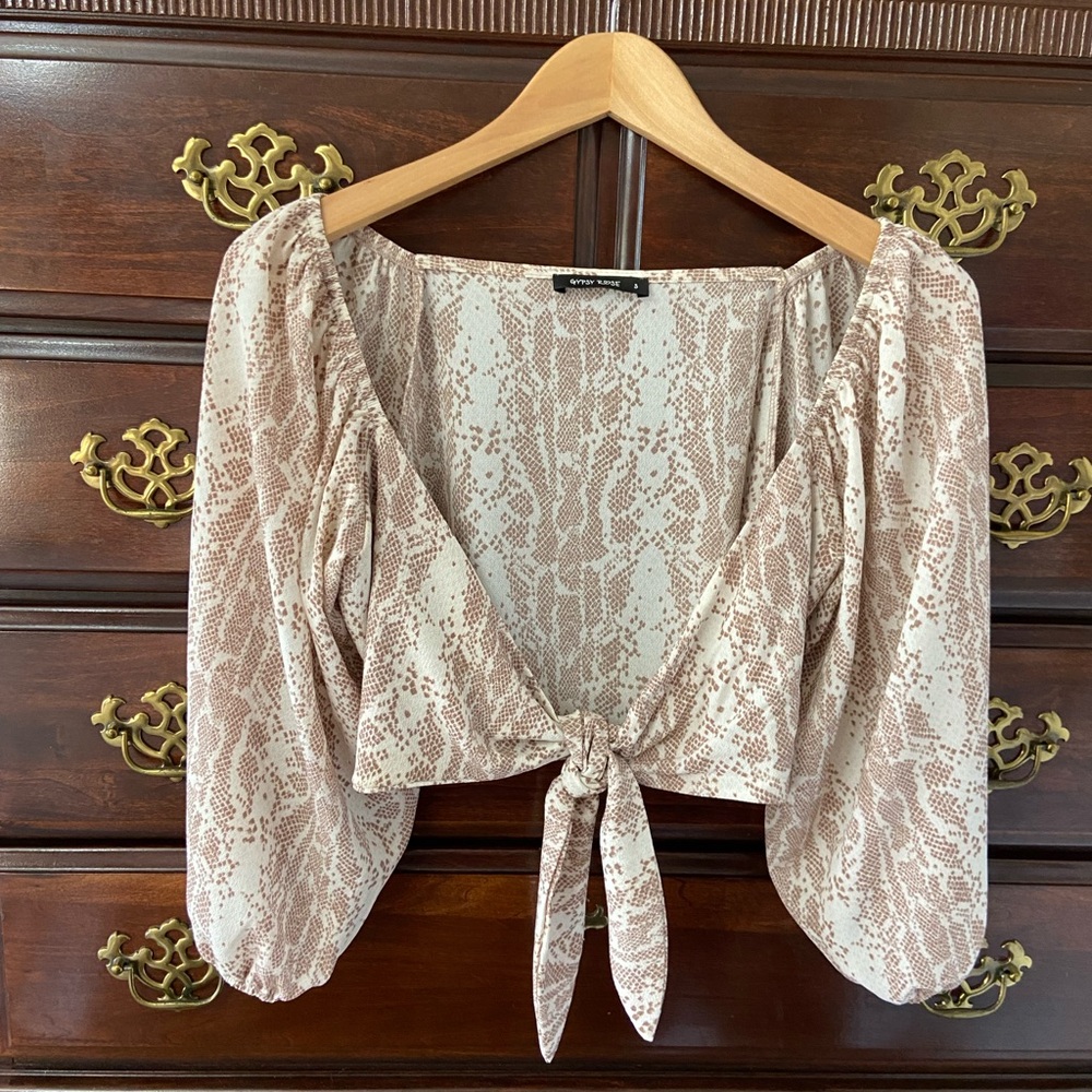 Beige Snake Print Tie-Front Blouse